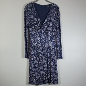 Ralph Lauren Faux Wrap Dress Size 4/S Blue Stretch Ruched Long Sleeve Floral